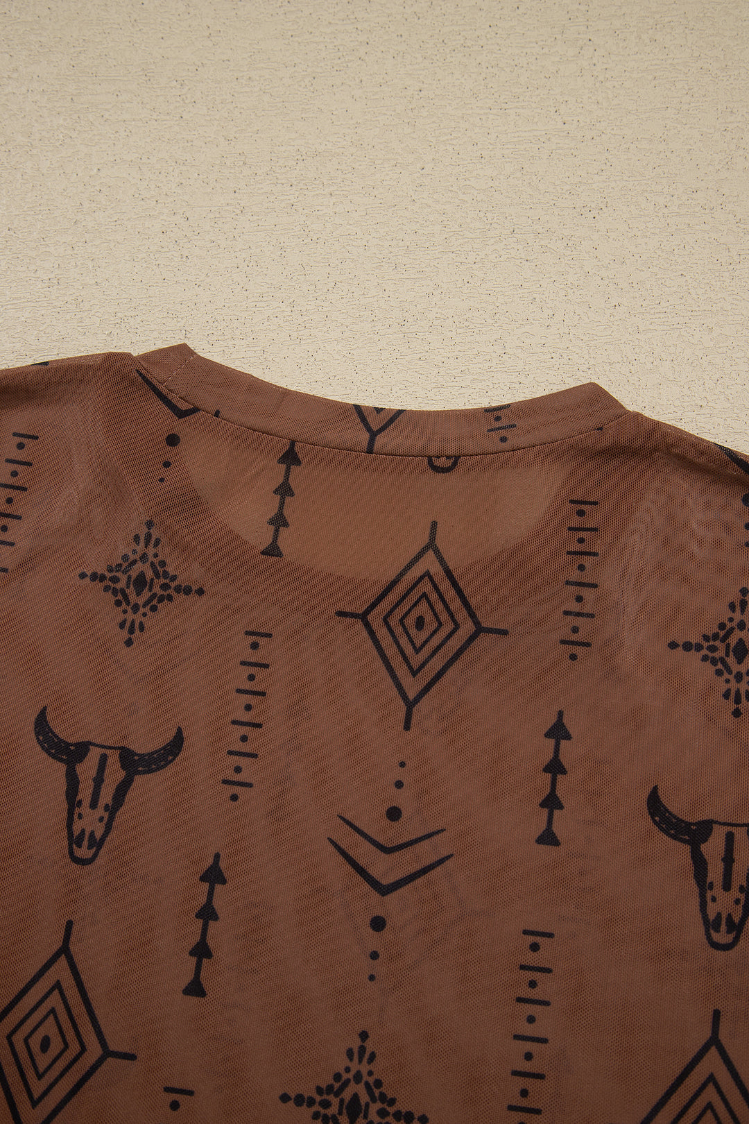 Chestnut Retro Western Print Mesh Long Sleeve Sheath Top