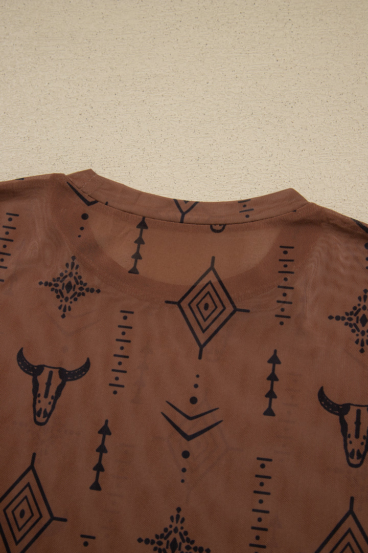 Chestnut Retro Western Print Mesh Long Sleeve Sheath Top
