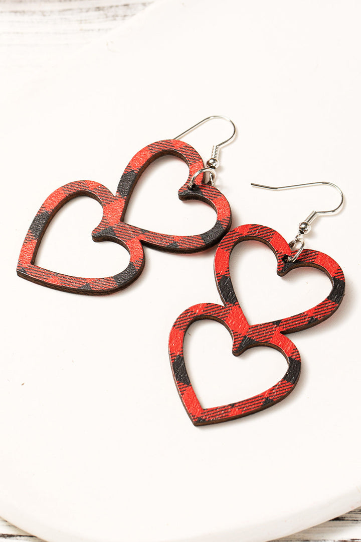 Boucles d'oreilles en bois à double cœur à carreaux pour la Saint-Valentin