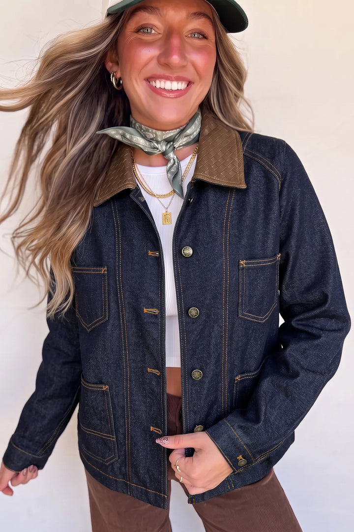Navy Blue Contrast Collar Stitched Detail Button Denim Jacket
