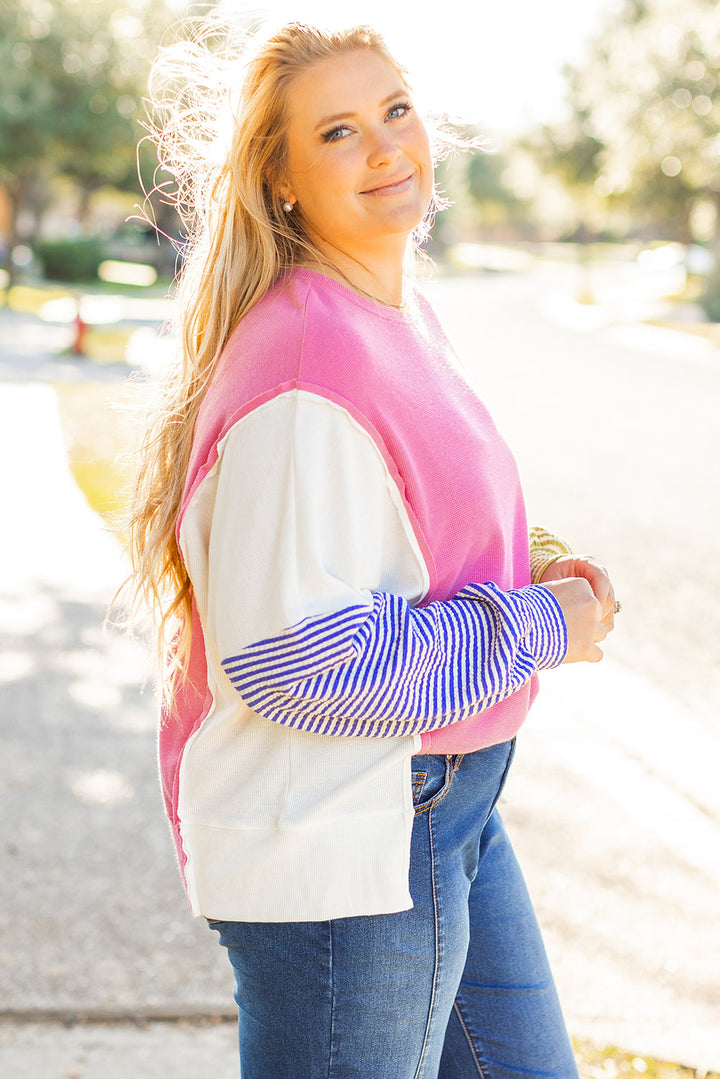 Colorblock Patchwork Striped Puff Sleeve Plus Size Top with Slits