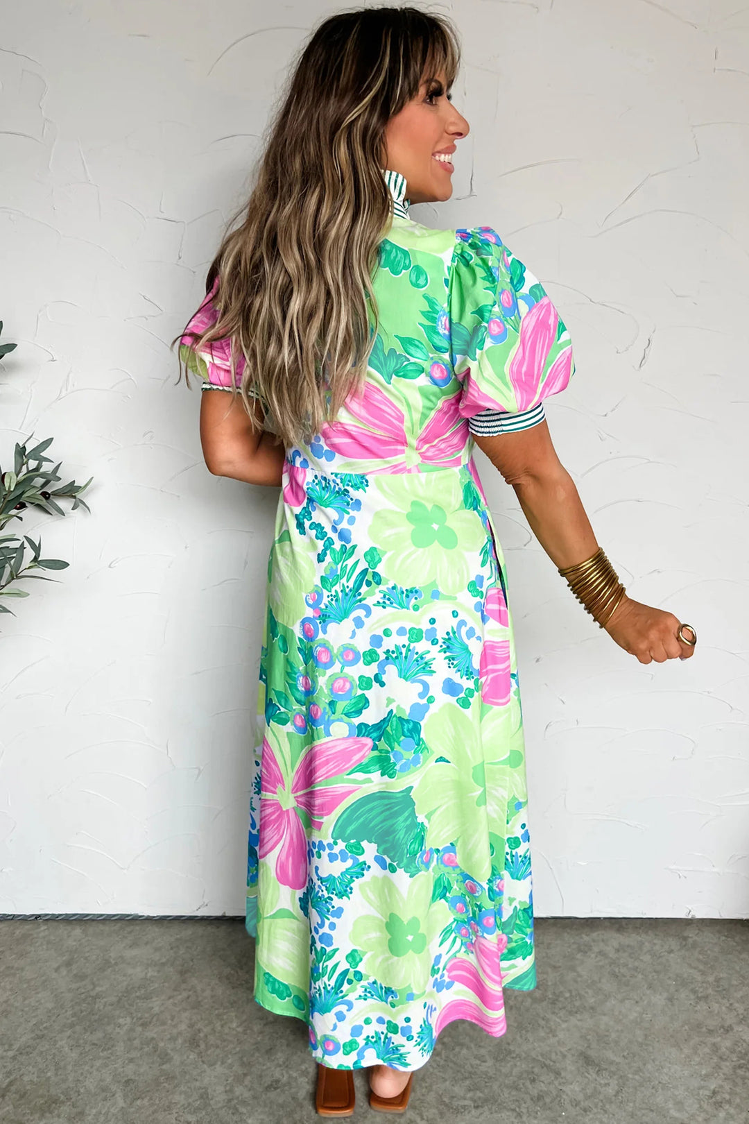 Green Stripe Floral Print Striped Trim Button Down Short Sleeve Vacation Dress