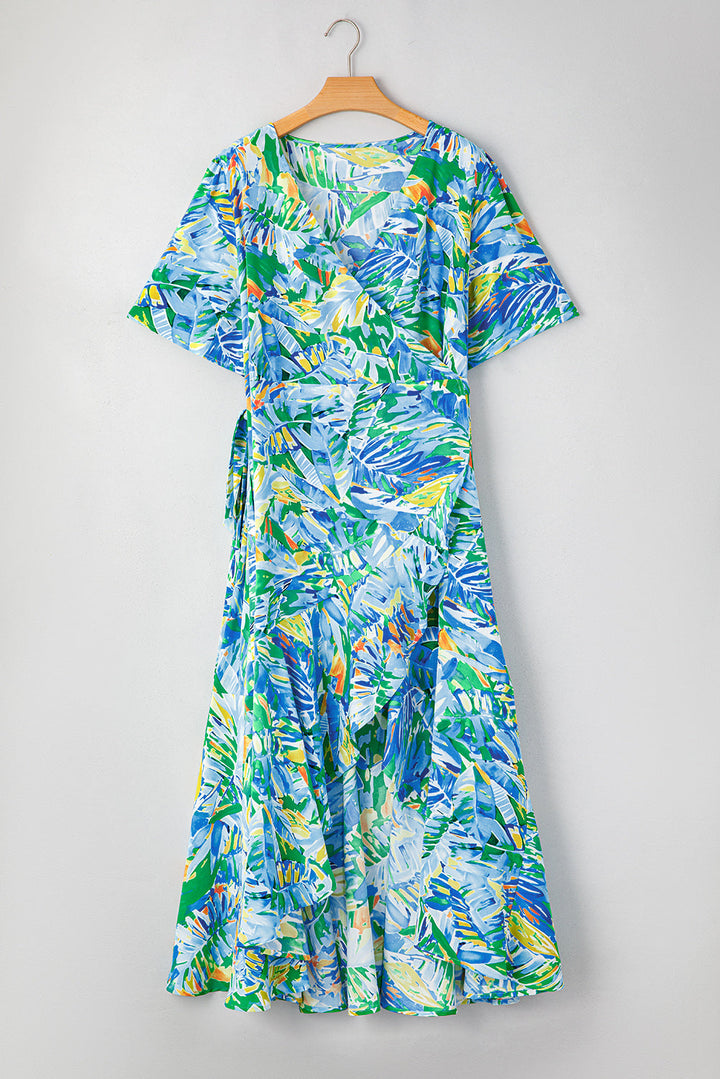 Leaves Print Short Sleeve Surplice Neck Ruffled Trim Plus Size Maxi Dress