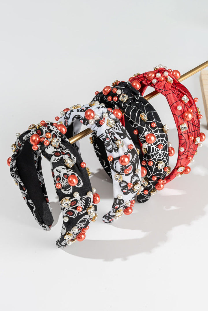 Pearled Rhinestone Knotted Spiderweb Halloween Headband