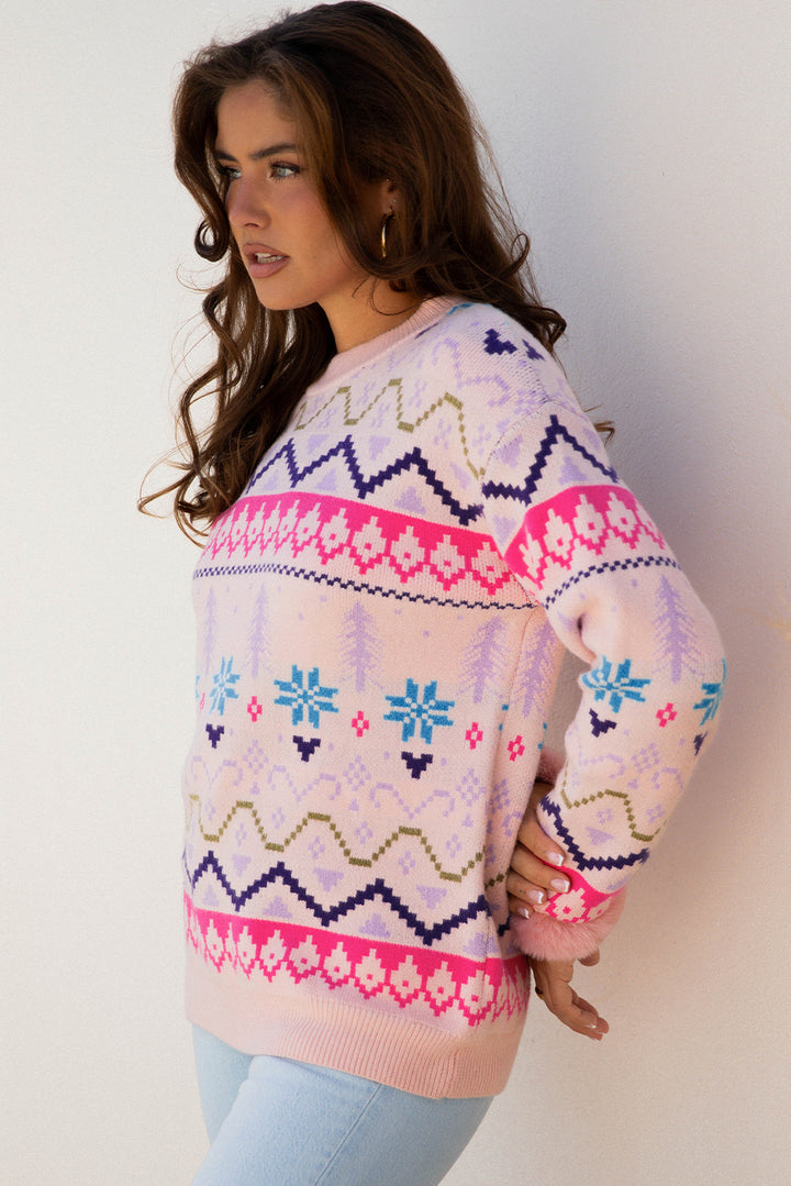Ethnic Christmas Pattern Knit Feather Cuffed Sweater