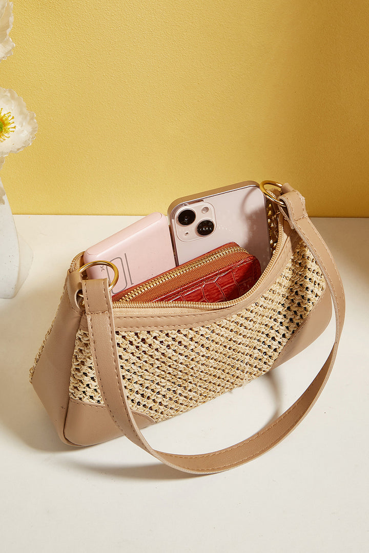 Straw Woven PU Leather Patchwork Shoulder Bag