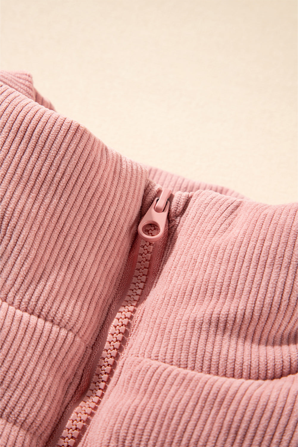 Apricot Pink Corduroy Stand Neck Zipped Puffer Vest