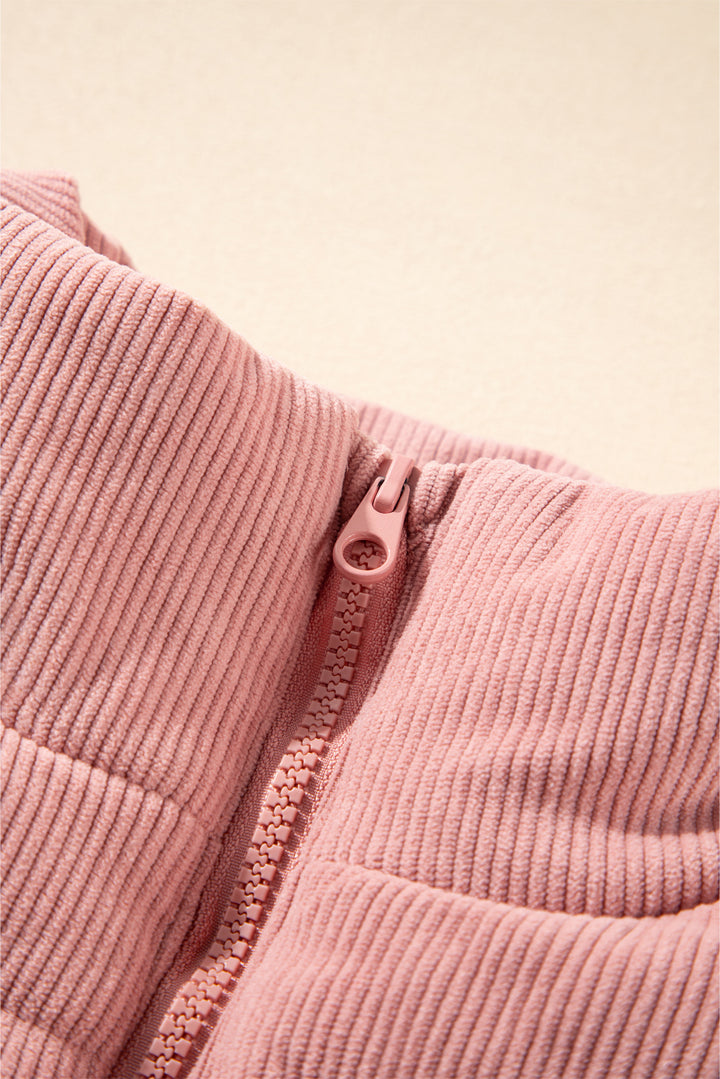 Apricot Pink Corduroy Stand Neck Zipped Puffer Vest