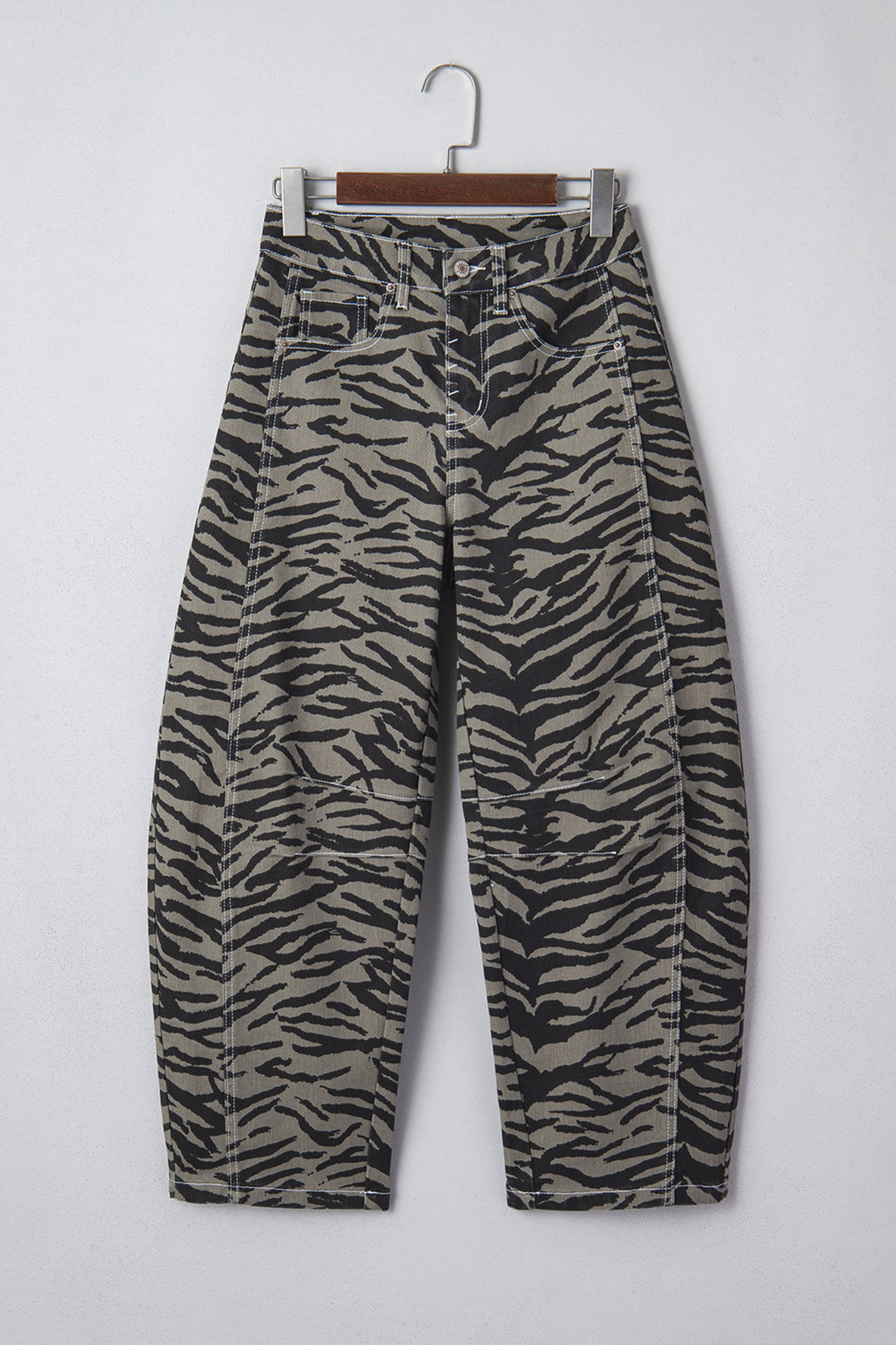 Gray Zebra Stripe Printed Wide Leg Barrel Jeans