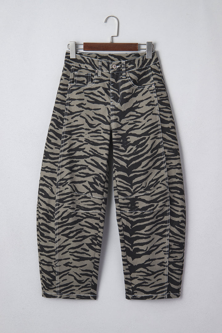 Gray Zebra Stripe Printed Wide Leg Barrel Jeans
