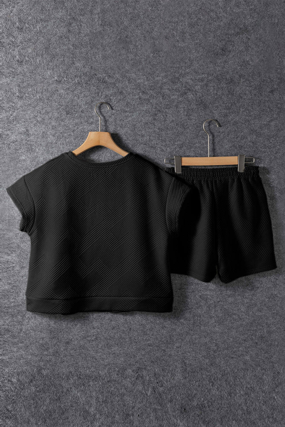 Black Textured Short Sleeve Top and Shorts Set