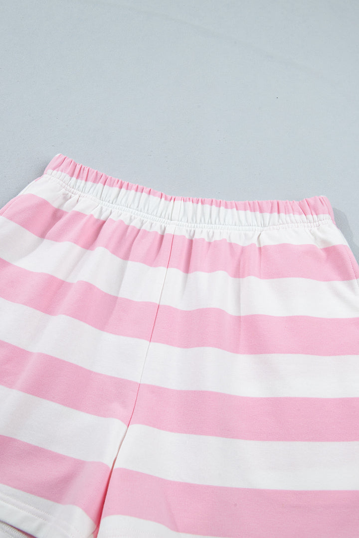 Pink Stripe Patchwork Zipper Pullover Elastic Waist Shorts 2pcs Set