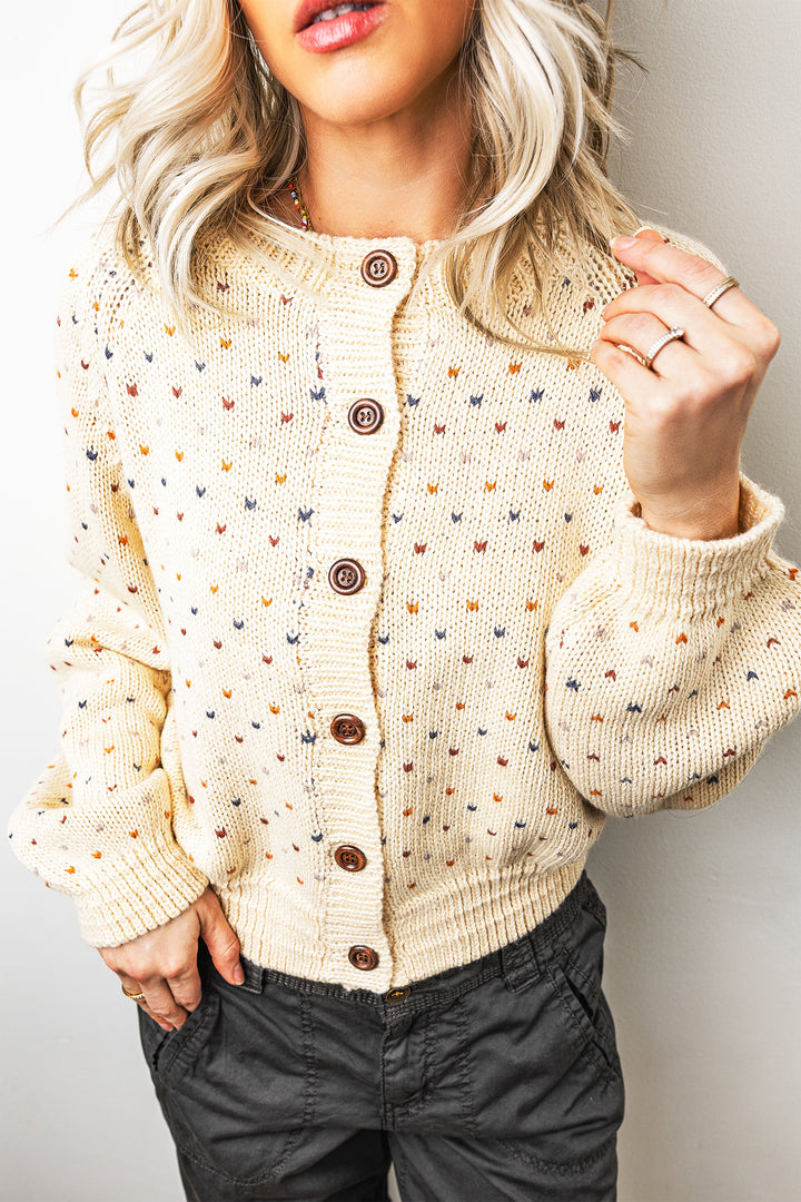 Beige Geometric Print Button Front Regular Fit Cardigan
