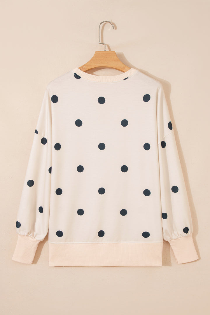 Beige Polka Dot Loose Long Sleeve Split Hem Pullover Top