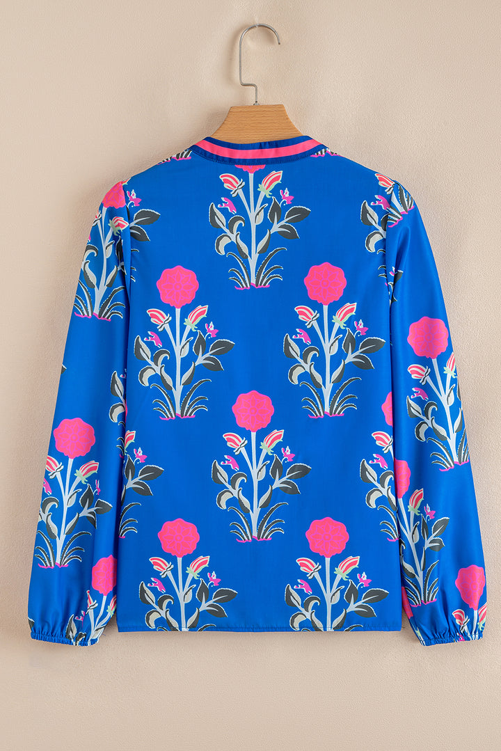 Blue Floral Print Contrast Striped Trim Notched Neck Long Sleeve Blouse