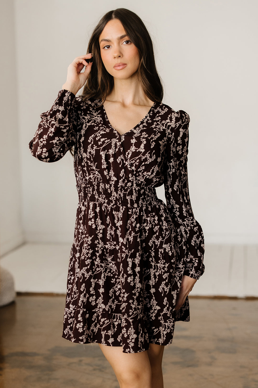 Ditsy Floral Print Split Neck Long Sleeve Shirred Waist Flared Mini Dress
