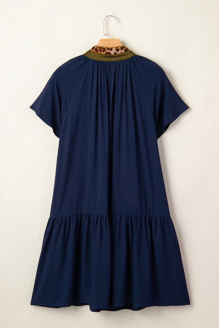 Navy Blue Leopard Metallic Trim Short Sleeve Tunic Dress