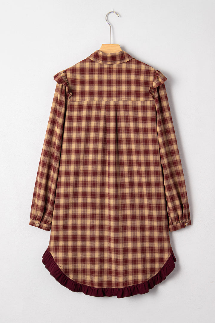 Plaid Print Ruffled Long Sleeve Patchwork Hem Mini Shirt Dress