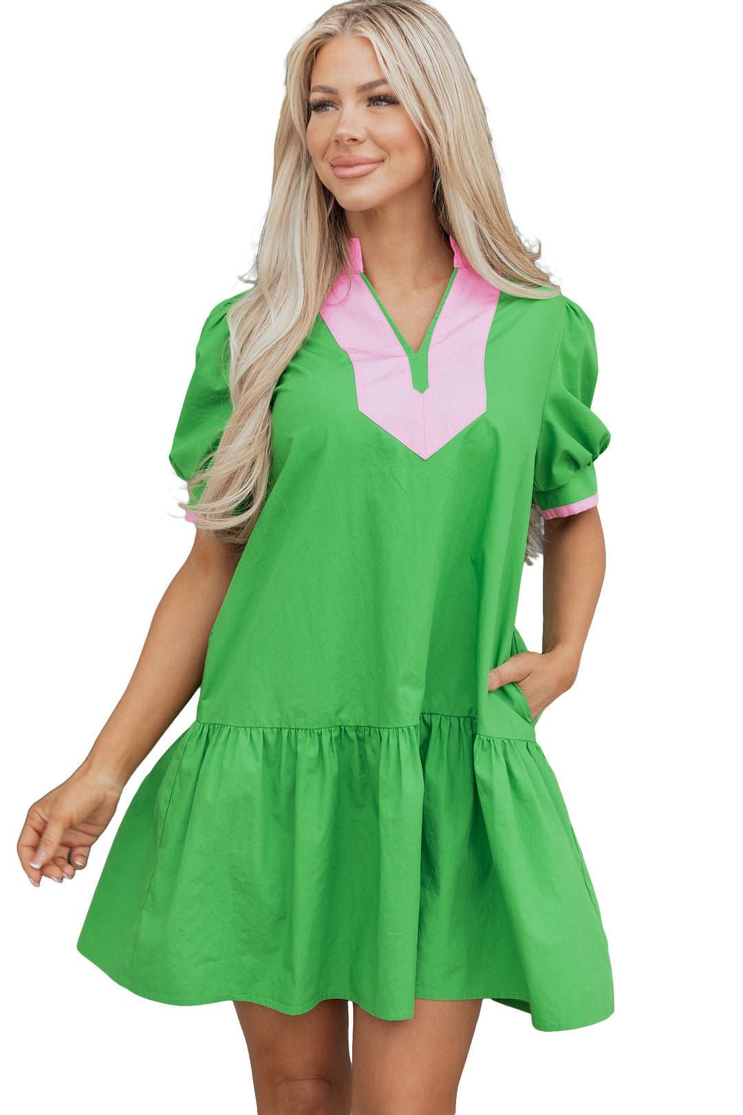 Color Block Detail Split Neck Short Puff Sleeve Ruffle Hem Mini Dress