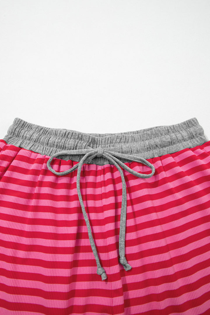 Rose Stripe Contrast Elastic Waist Casual Ribbed Shorts