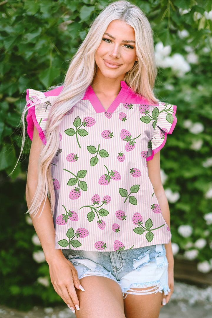 Striped Strawberry Printed Color Block Patchwork V Neck Flutter Sleeve Blouse
