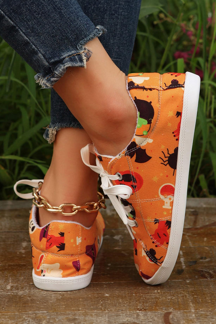 Halloween Pumpkin Ghost Print Lace-up Flat Shoes