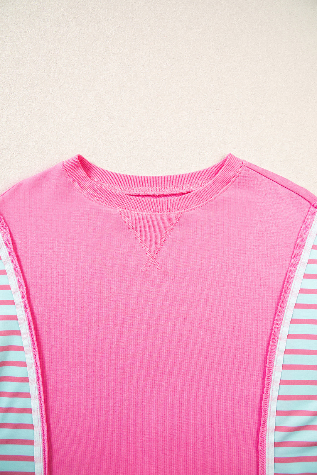 Rose Stripe Color Block Patchwork Relaxed Split Long Sleeve Top