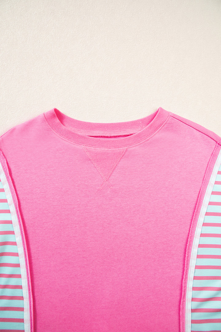 Rose Stripe Color Block Patchwork Relaxed Split Long Sleeve Top