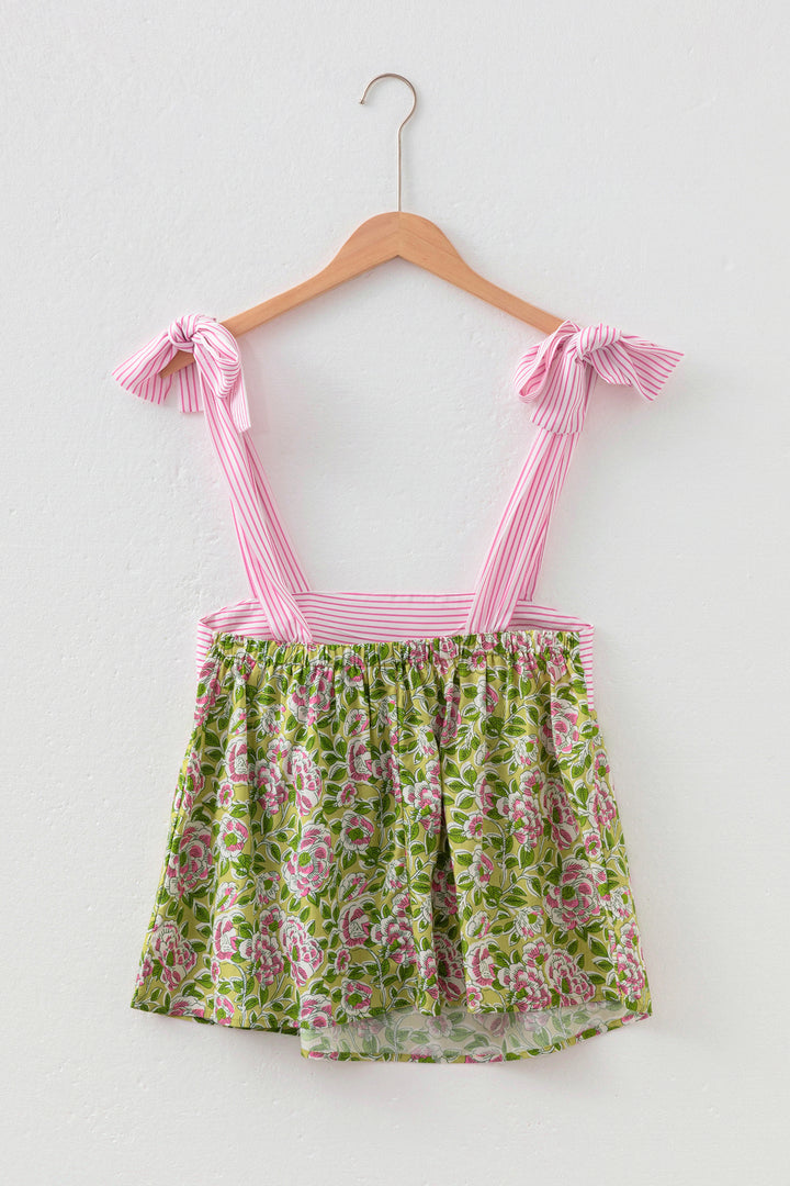 Green Floral Printed Knot Straps Babydoll Tank Top