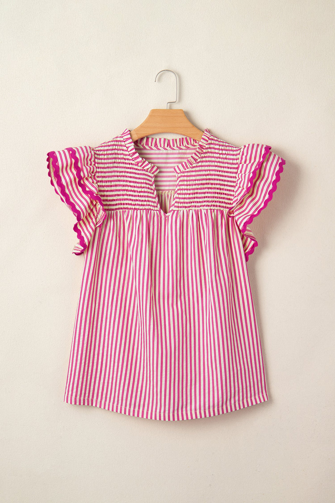 Rose Stripe Shirred Yoke Ruffled Short Sleeve Blouse