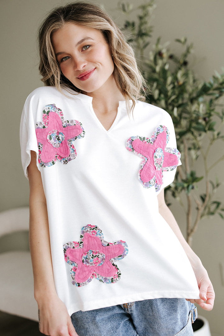 Floral Applique Notched V Neck Dolman Sleeve Top