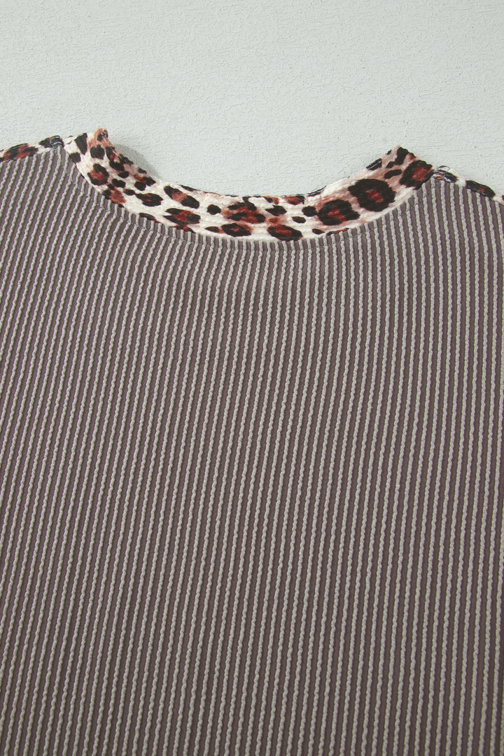 Light Grey Leopard Trim Twist Ribbed Short Set