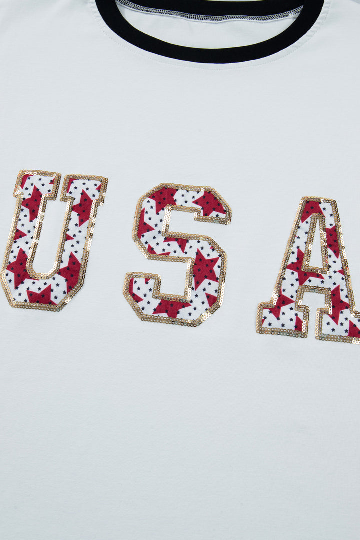 White USA Sequin Color Block Trim Loose T Shirt