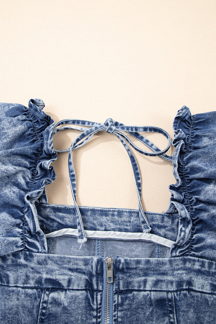 frilly square neck bustier puff sleeve short denim dress