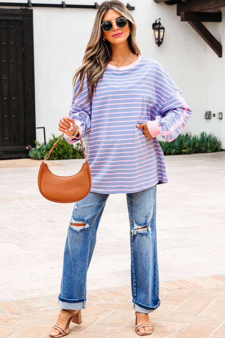 Sky Blue Stripe Oversize Contrast Trim Cotton Casual Top