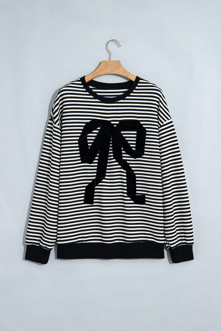 Black Stripe Velvet Bow Pattern Dropped Shoulder Loose Sweatshirt