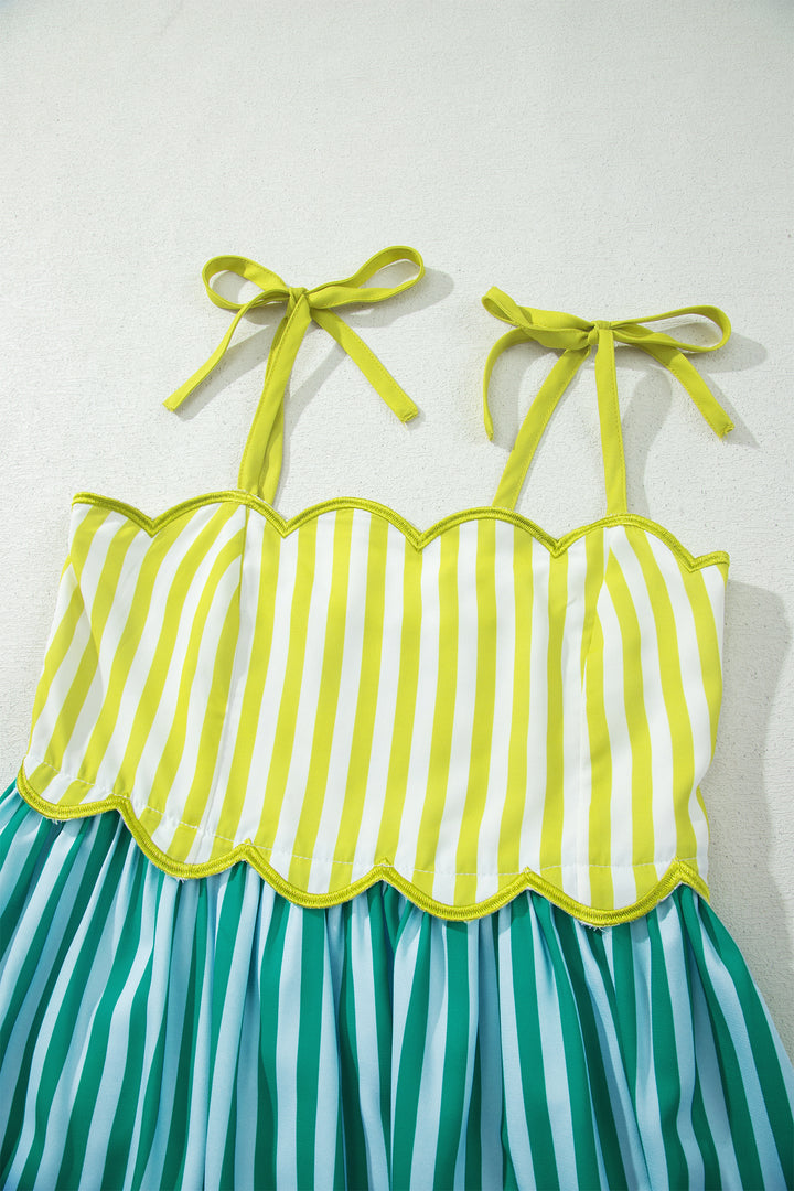 Green Stripe Knot Strap High Waist Maxi Dress