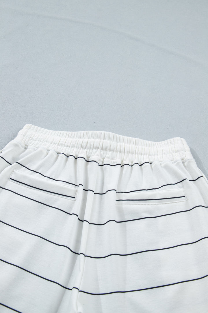 White Stripe Half Sleeve Tee Drawstring Shorts 2pcs Set
