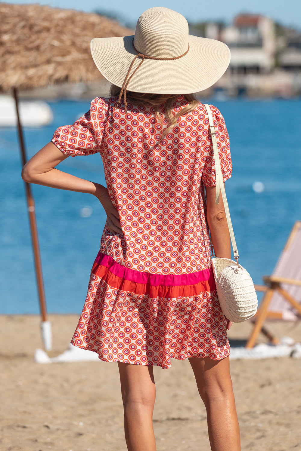 Geometric Floral Print Color Block Trim Button Front Ruffle Hem Dress