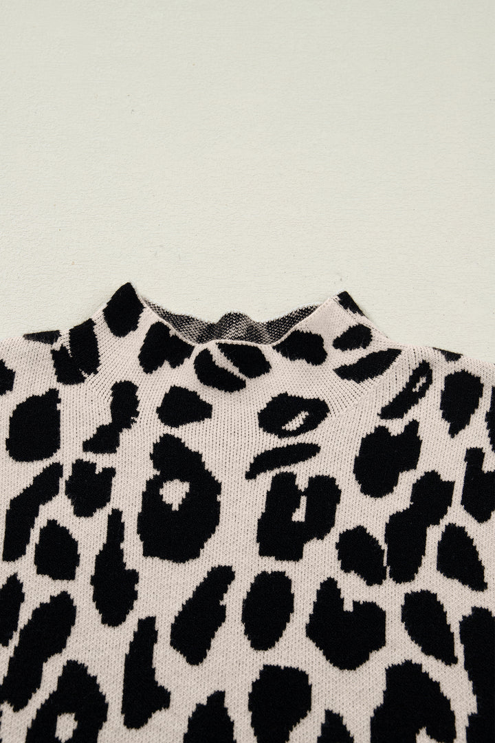 Leopard Print High Neck Short Sleeve Sweater