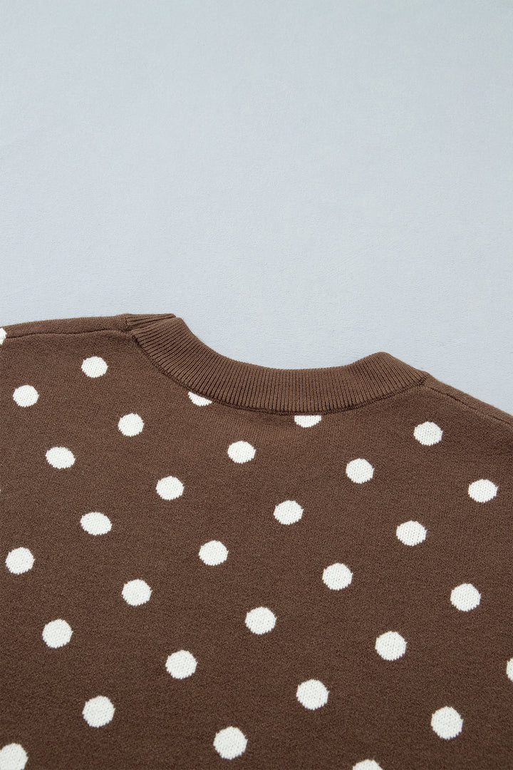 Brown Dolman Short Sleeve Round Neck Polka Dot Sweater