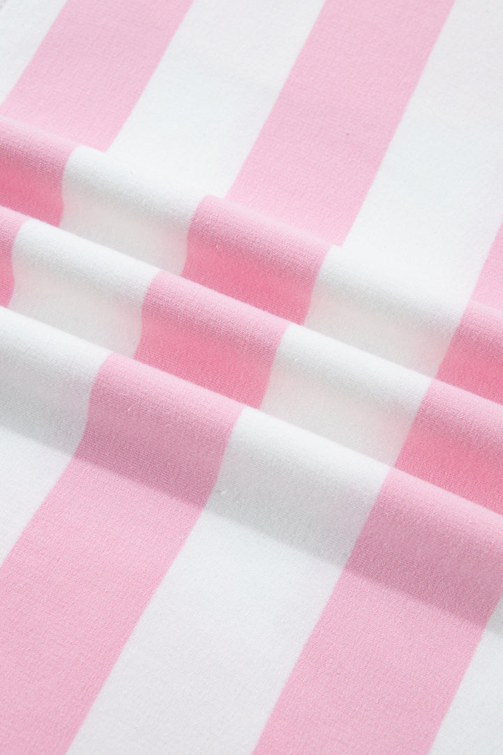 Pink Stripe Patchwork Zipper Pullover Elastic Waist Shorts 2pcs Set
