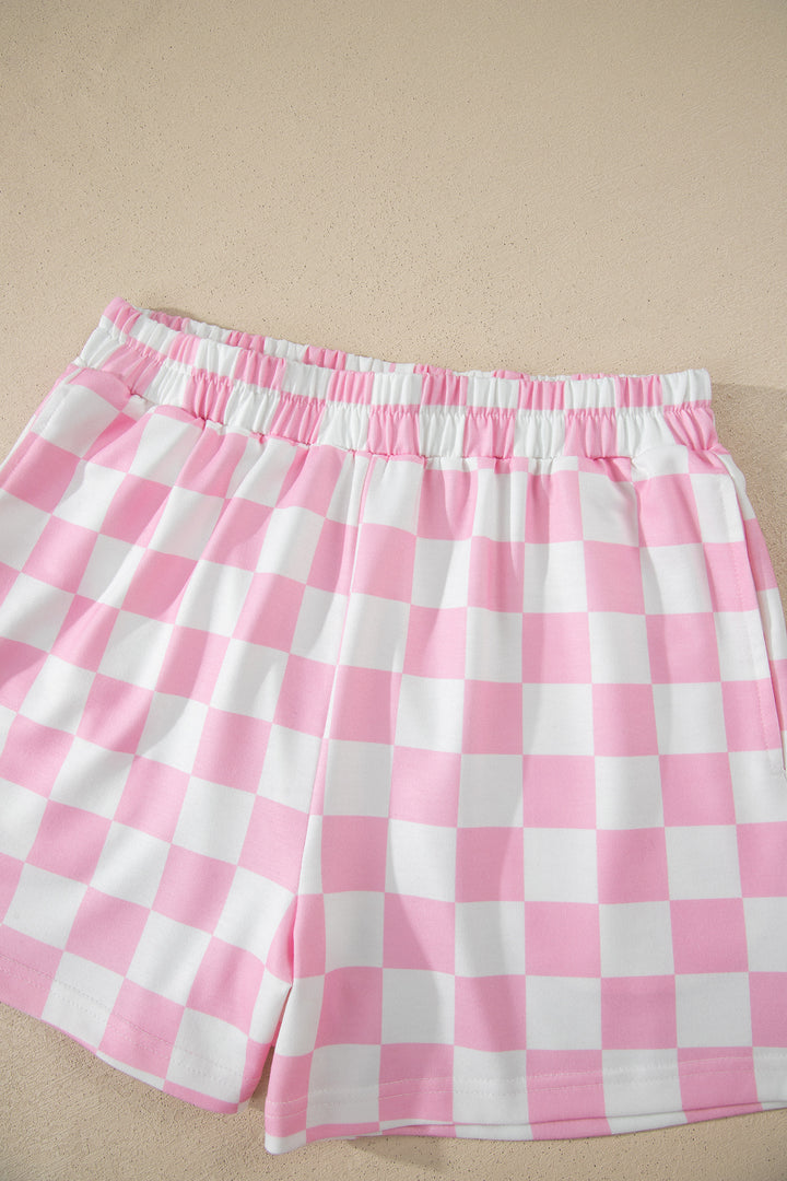 Pink Checkered Print Color Block Trim Mock Neck Short Set