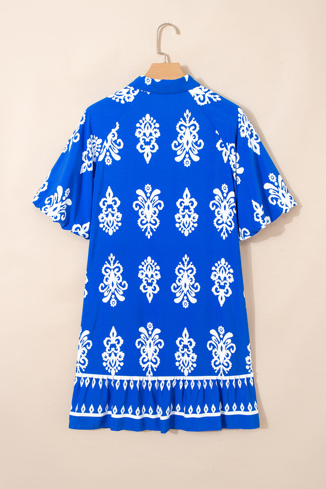 Blue Ethnic Geometric Print Short Puff Sleeve Mini Dress