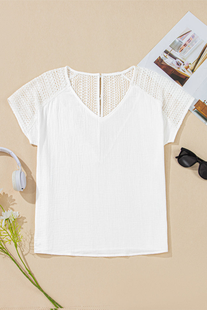 Lace Crochet Textured Button Back V Neck T Shirt