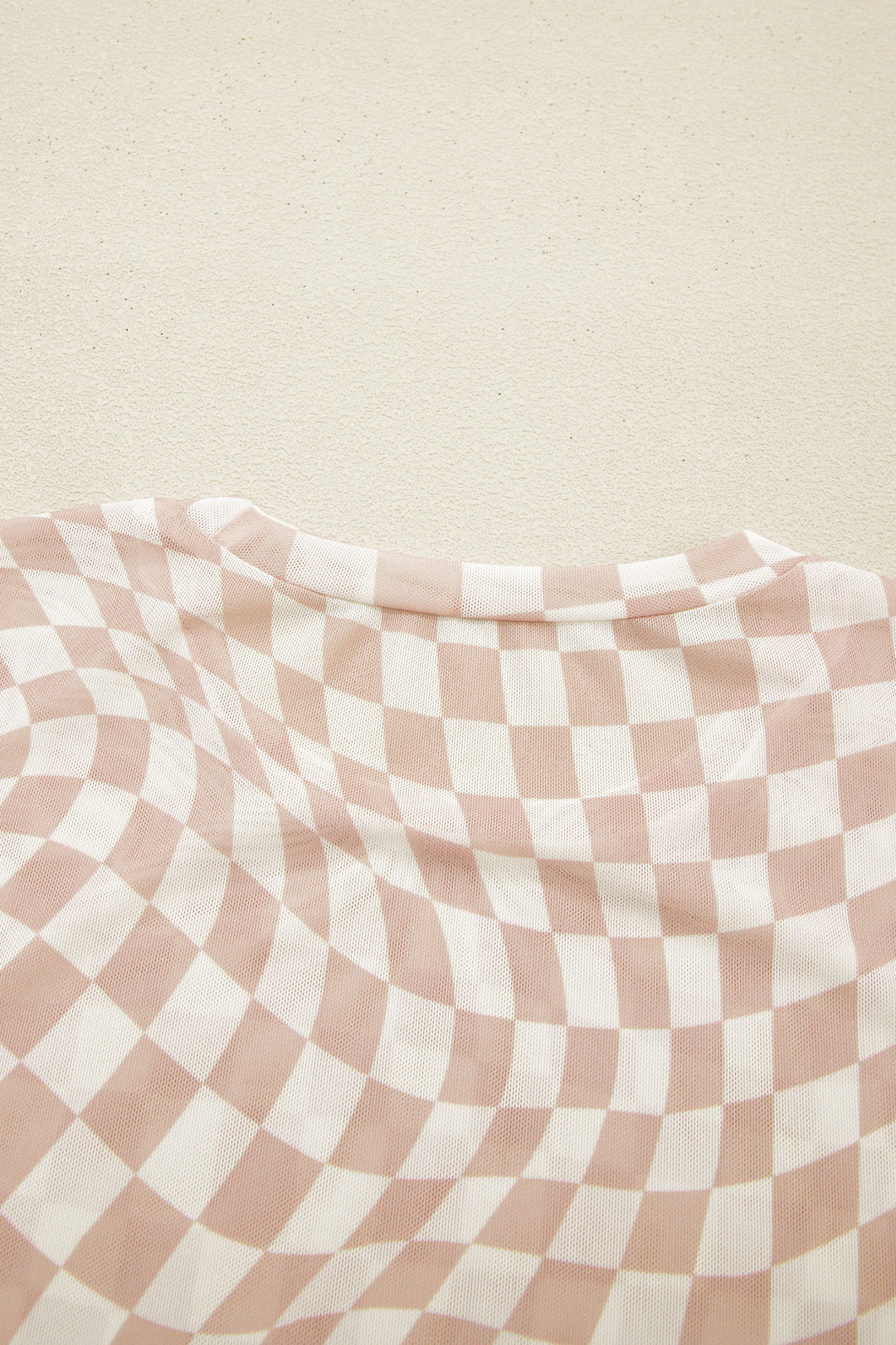 Khaki Checkered Print Crew Neck Mesh T Shirt