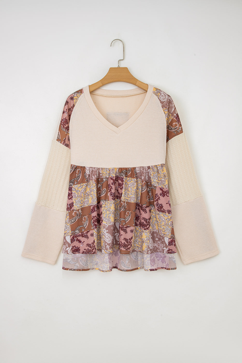 Paisley Ethnic Print Contrast Patchwork Long Sleeve Loose Top