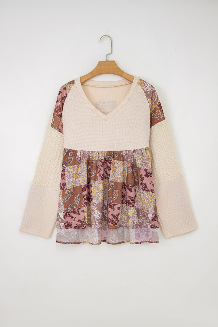 Paisley Ethnic Print Contrast Patchwork Long Sleeve Loose Top