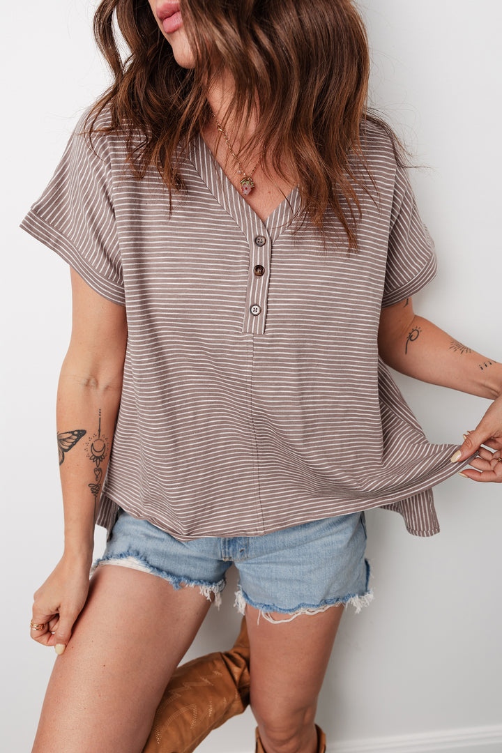 Buttoned V Neck High Low Side Slit T Shirt