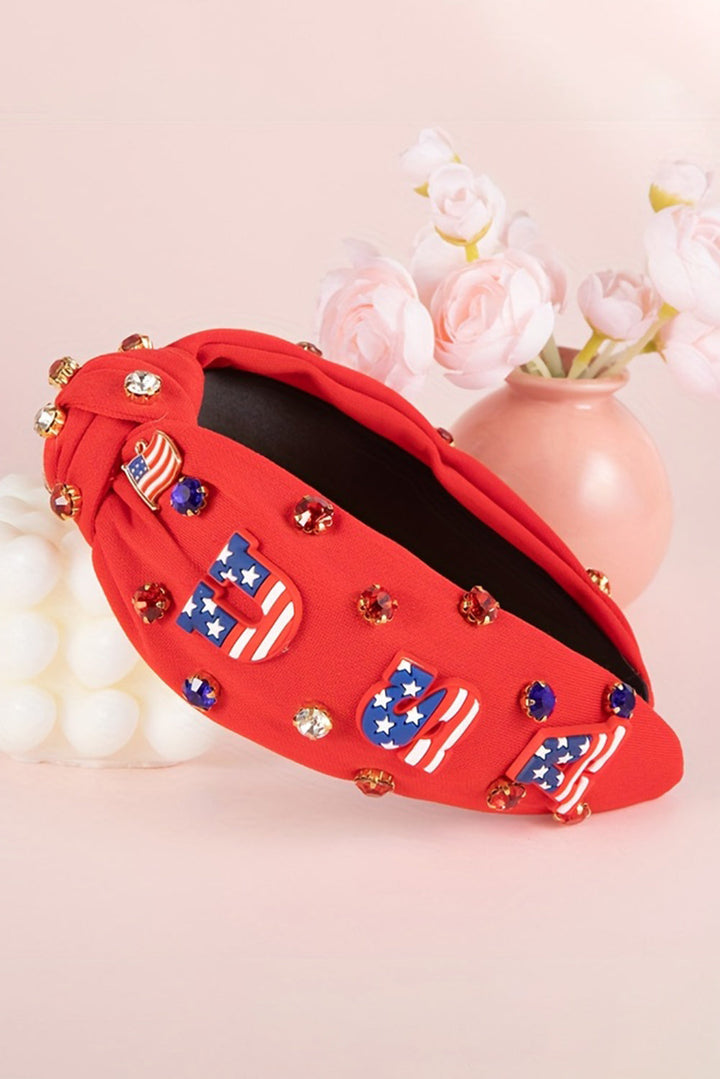 USA Flag Gemstone Decor Knotted Wide Headband